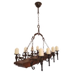 Antique Spanish Handcrafted Forged Wrought Iron Oak Castle Chandelier, Mid-19th Century 