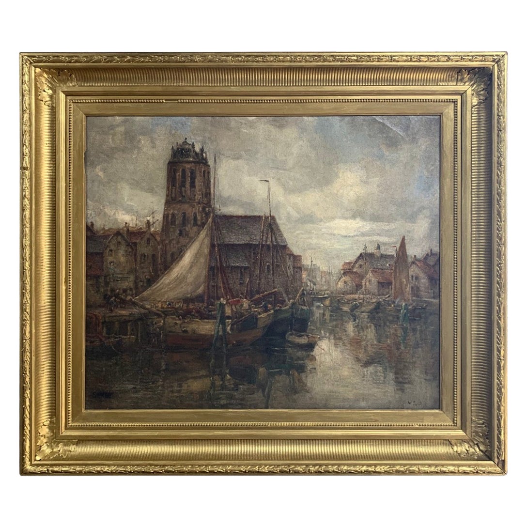 Large 19th Century Dutch Oil Painting of Boats
