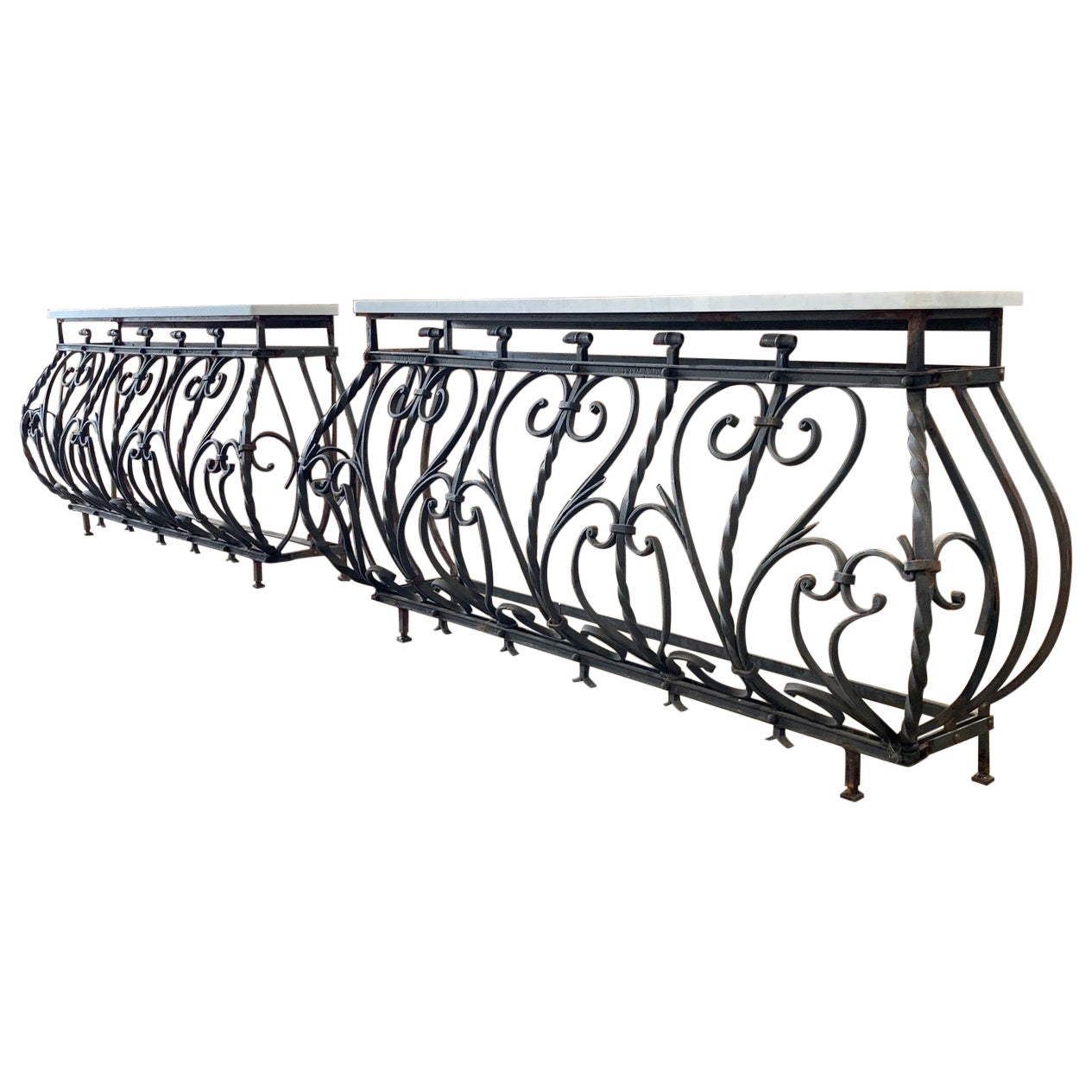 Pair of Large Iron & Marble French Console Tables
