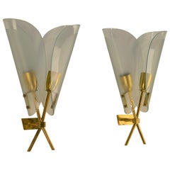 Pair of Italian Sconces, Brass and Glass, 1950s