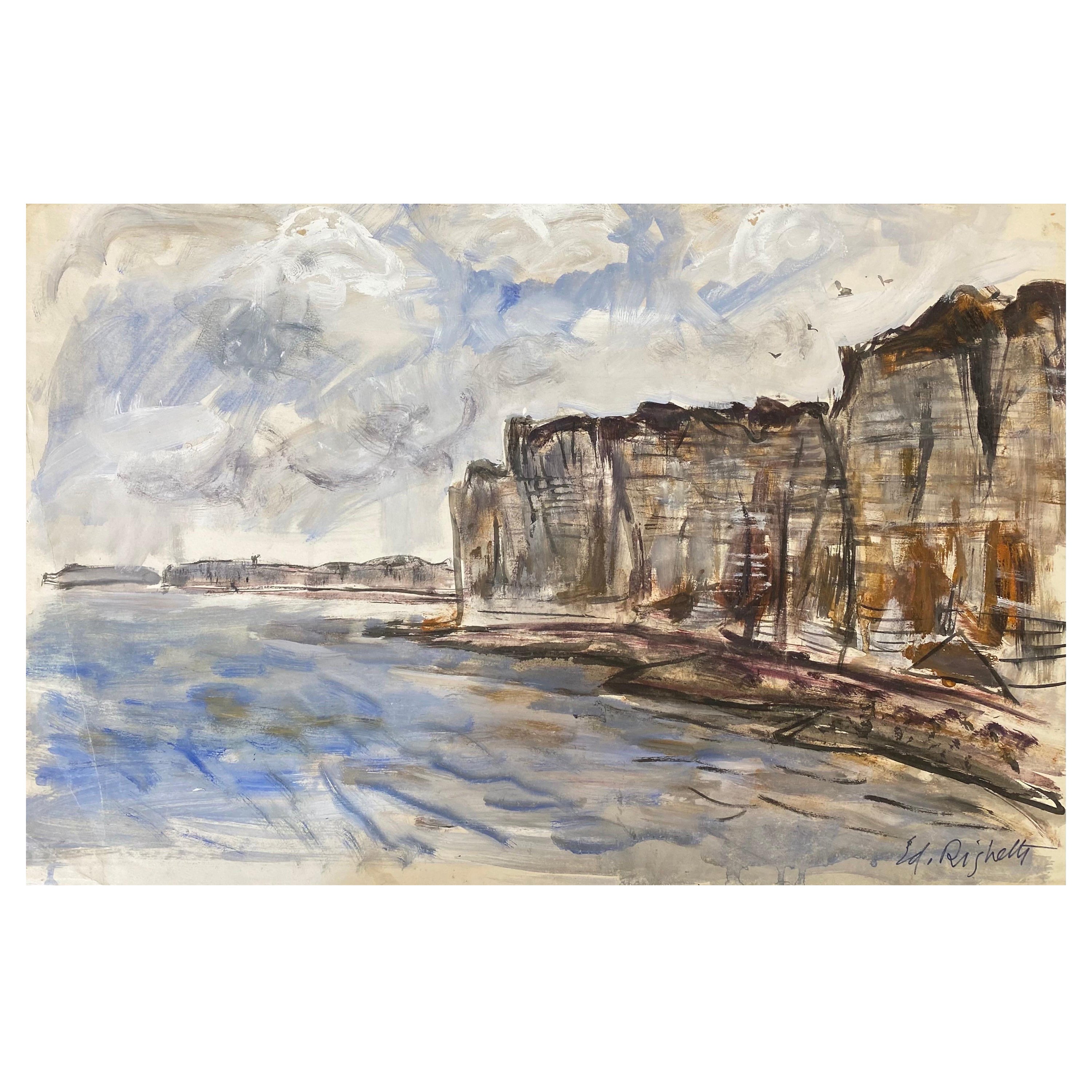 Französisches postimpressionistisches Gemälde aus der Mitte des Jahrhunderts – französische Meereslandschaft im Angebot