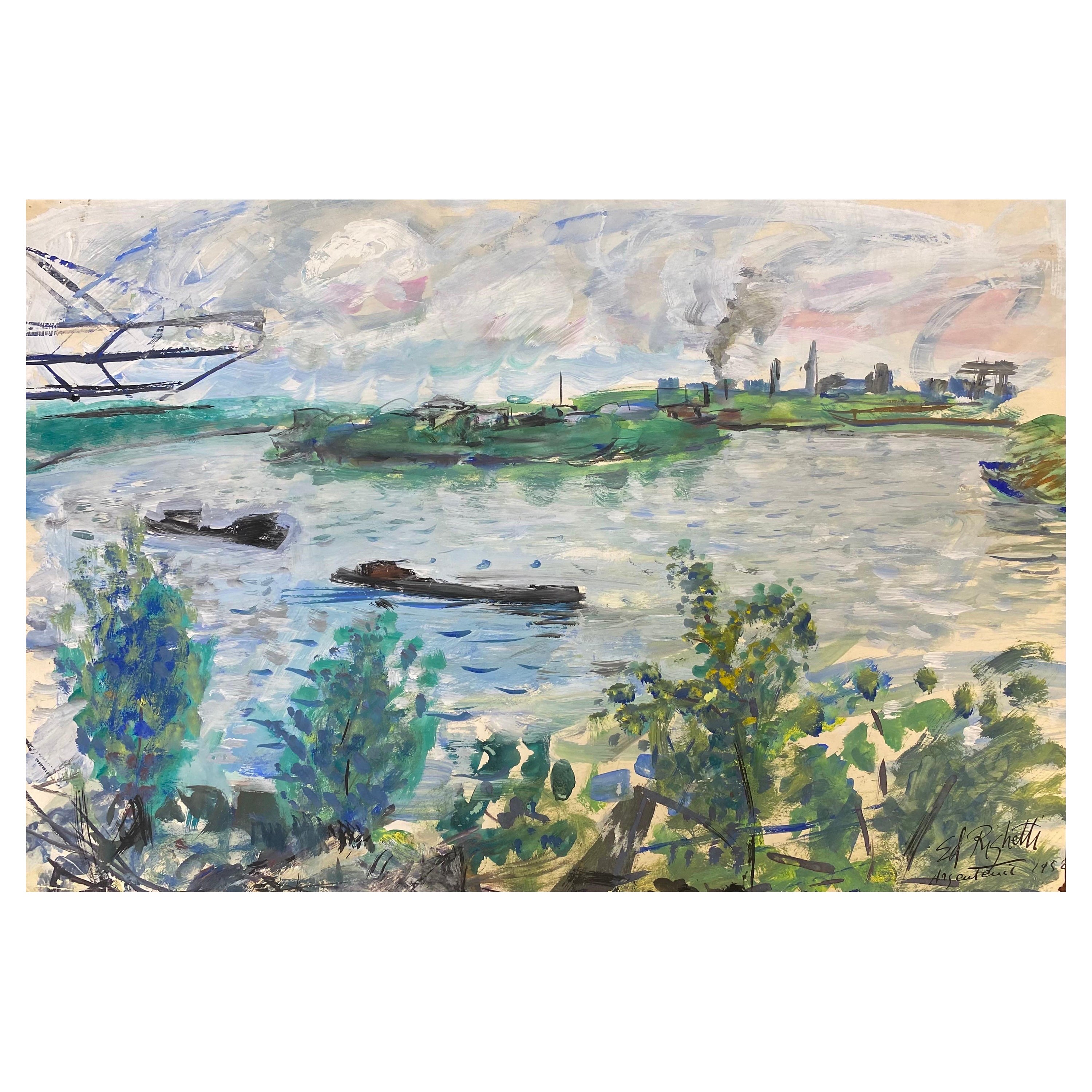 Peinture post-impressionniste française du milieu du siècle, paysage bleu et vert vibrant