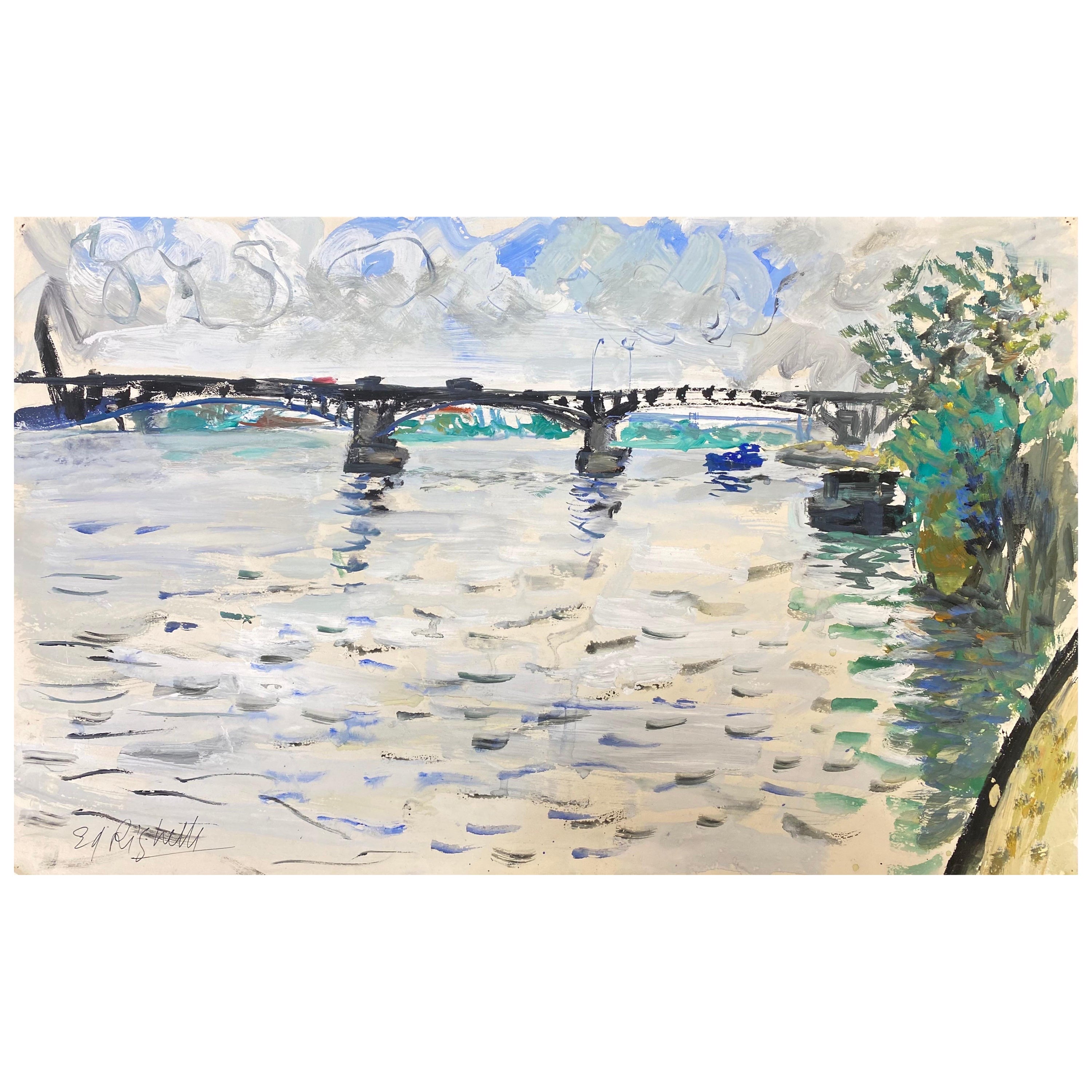 Mid-Century French Post-Impressionist Painting, Bridge Landscape For Sale