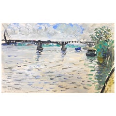 Vintage Mid-Century French Post-Impressionist Painting, Bridge Landscape