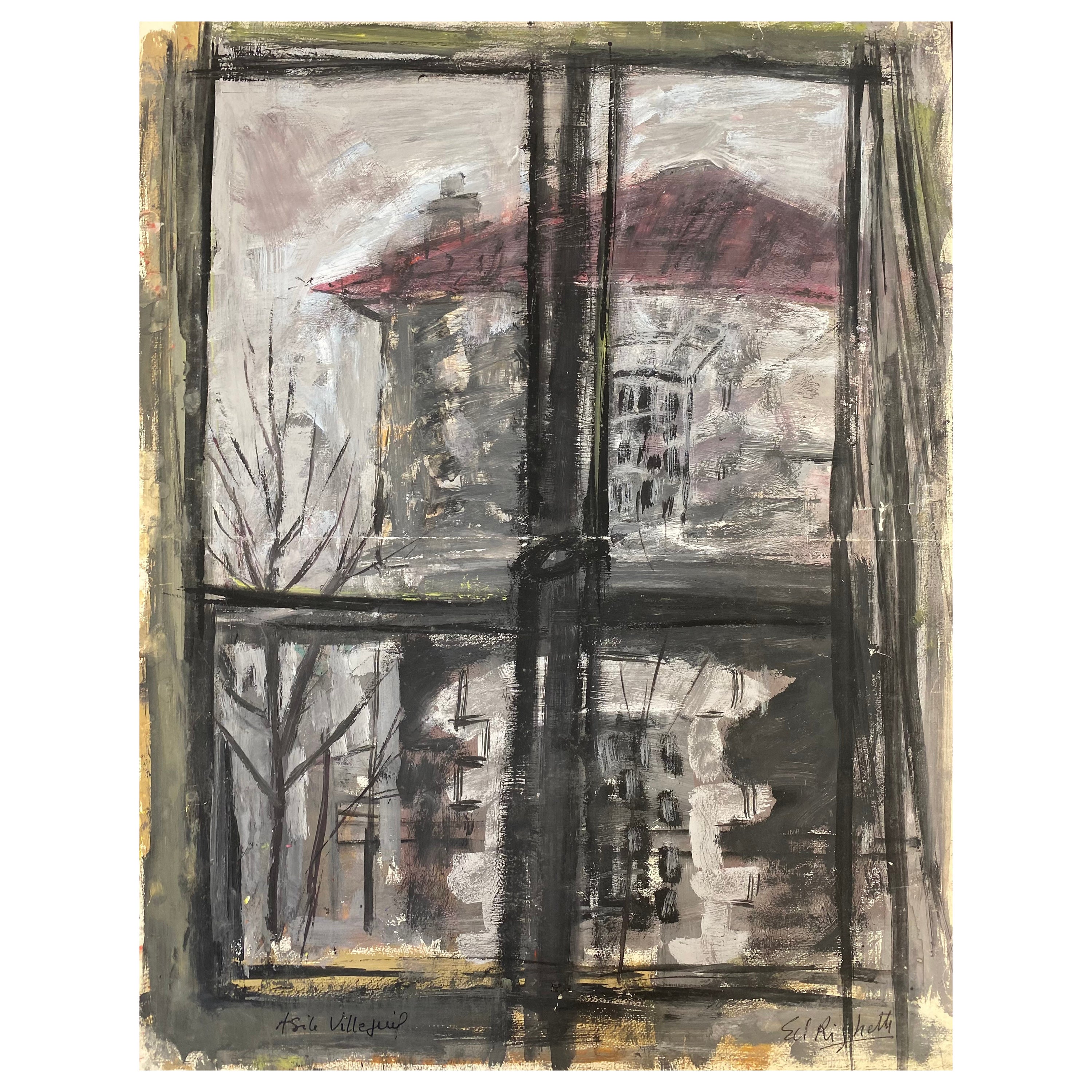 Mid Century French Post-Impressionist Painting, Grey Skies Through Window For Sale