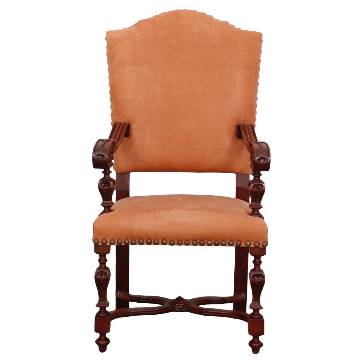 Jacobean Style Mahogany & Leather Armchair For Sale