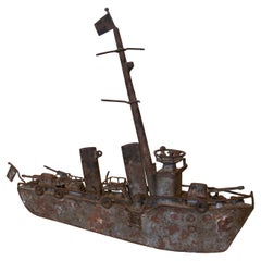 Vintage 1950s Iron Military Ship Sculpture