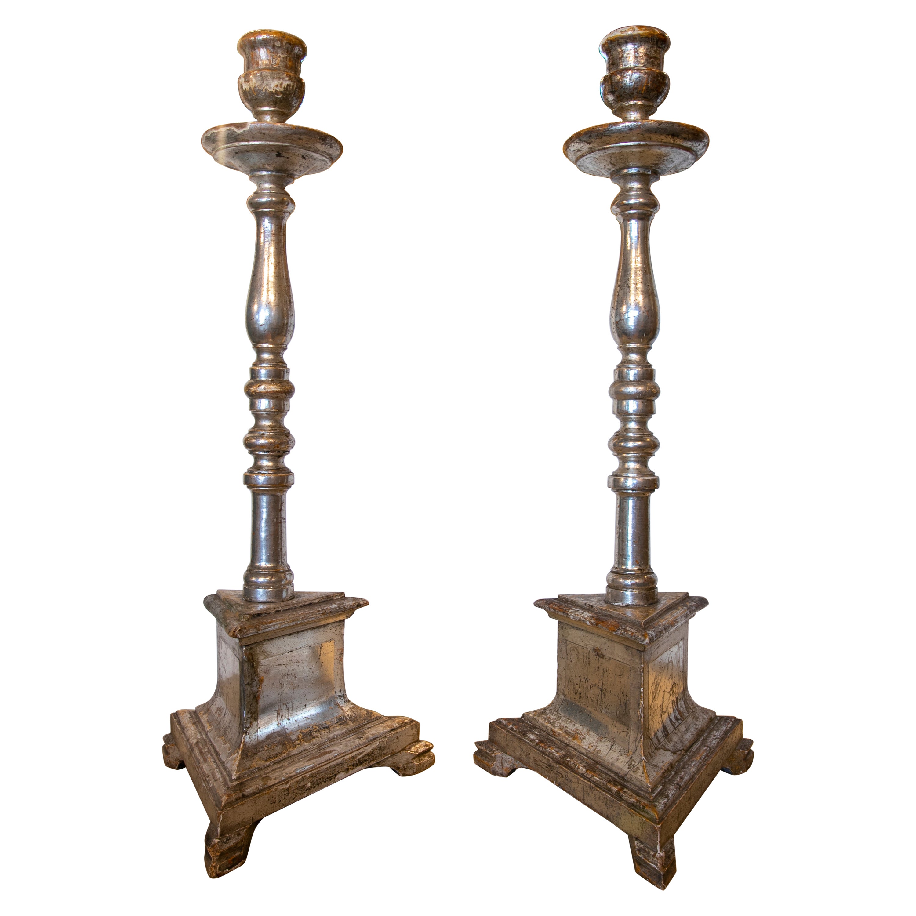 18th century Spanish Pair of Wooden Axe Holders Silver Plated For Sale