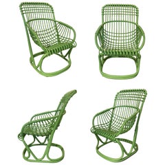 1980s Set of Four Bamboo and Wicker White Painted Armchairs 