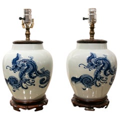 1980s Pair of Chinese Tibor Lamps with Wooden Decoration 