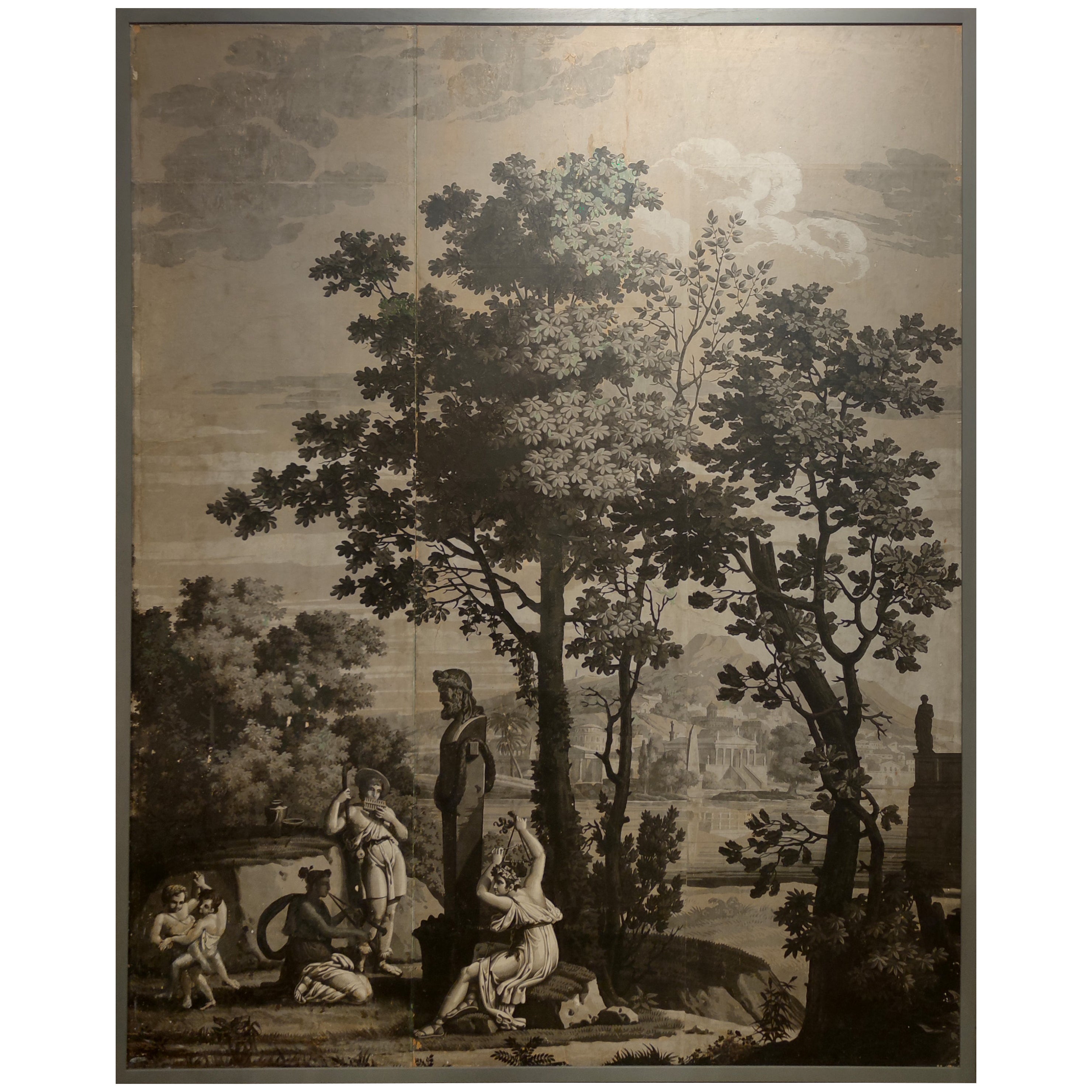 18th Century Decorative Framed Painting in Greek Style on Wallpaper