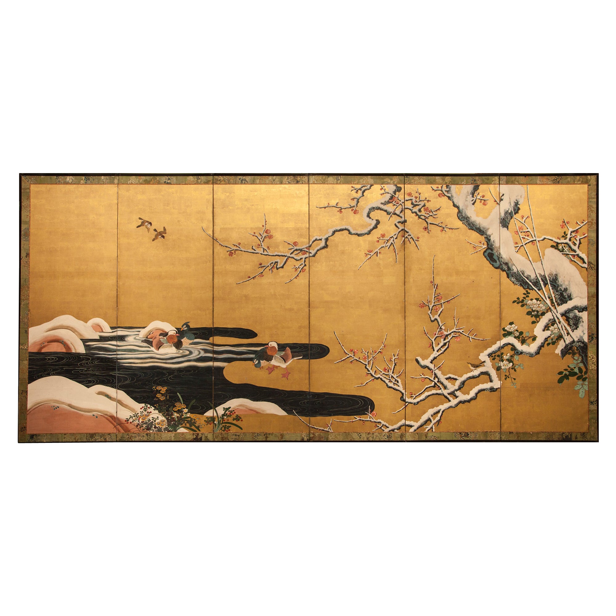 Japanese Six Panel Screen: Mandarin Ducks in Snowy Pond in Early Spring For Sale