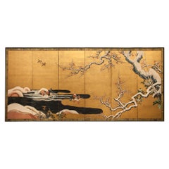 Japanese Six Panel Screen: Mandarin Ducks in Snowy Pond in Early Spring