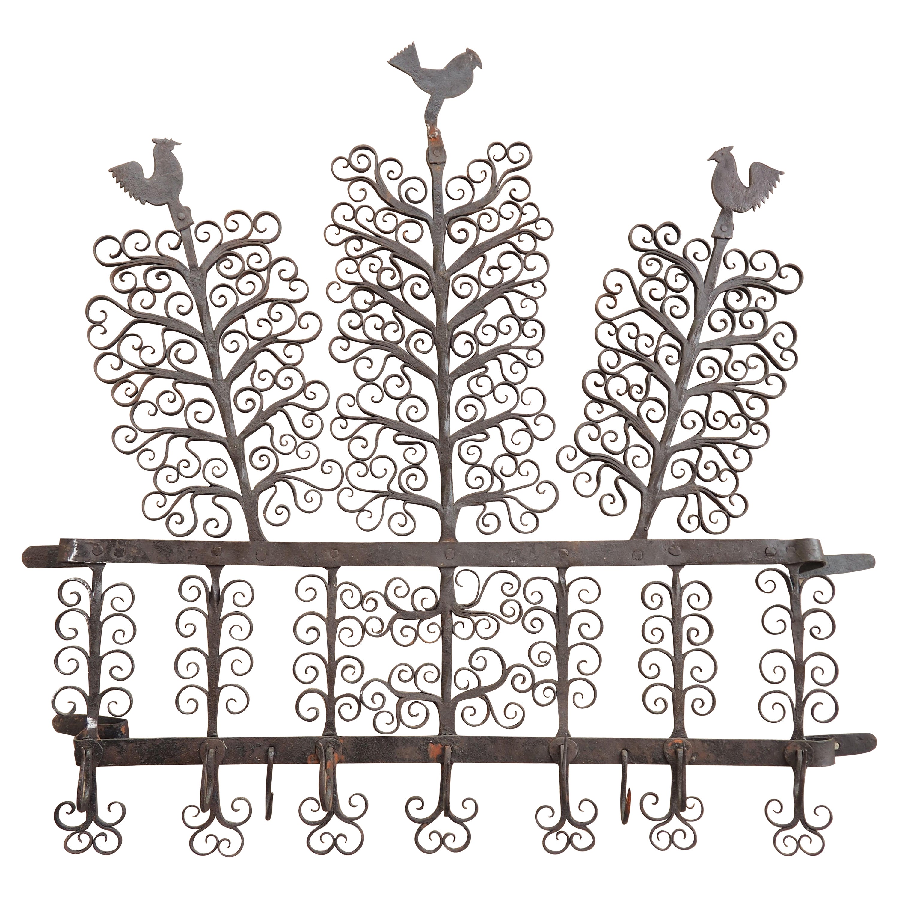 18th Century French Wrought Iron Kitchen Hook Rack with Rooster Motifs