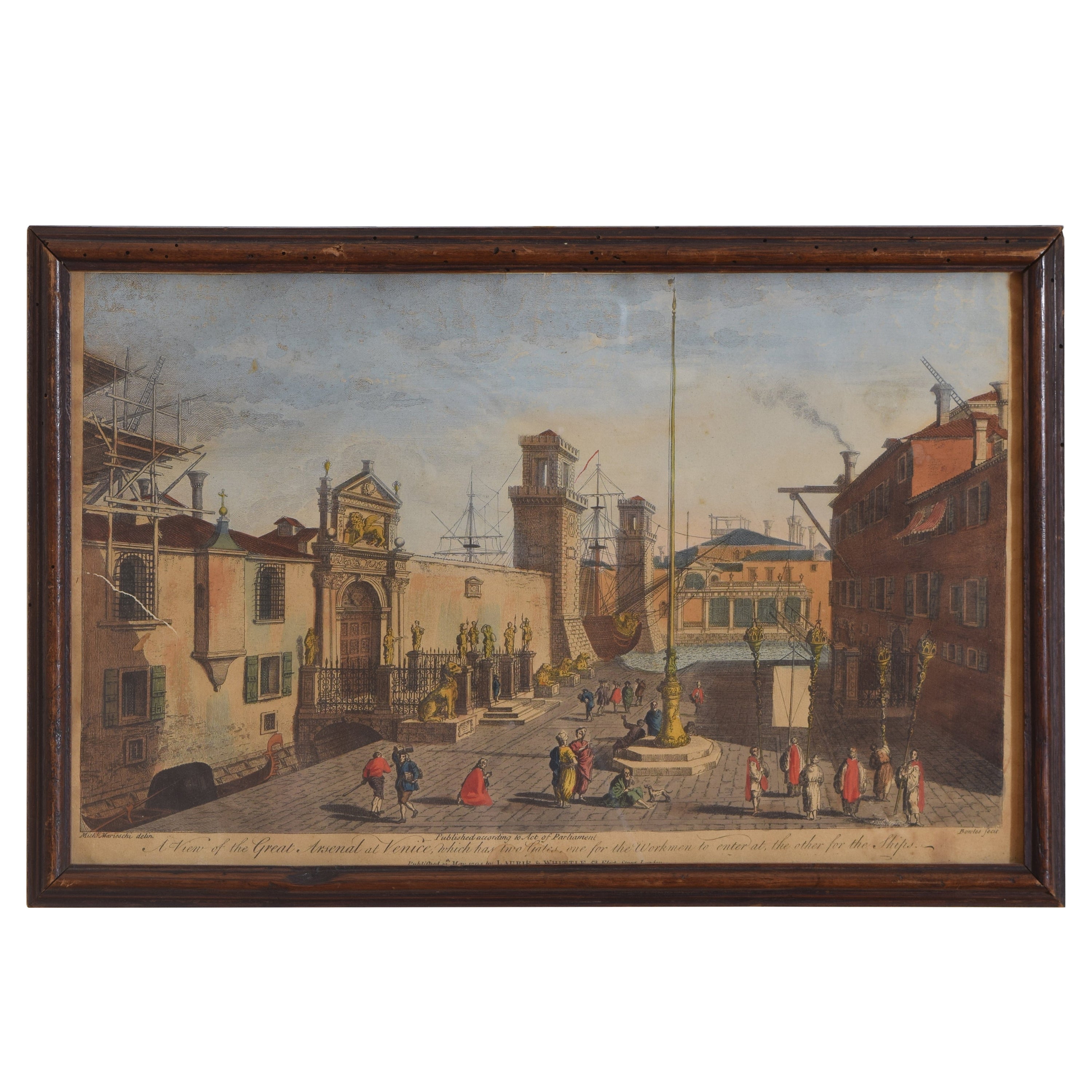 Italienische handkolorierte Gravur, Eine Ansicht des großen Arsenals in Venedig, Mai 1794