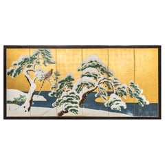 Antique Japanese Six Panel Screen: Snow Scene