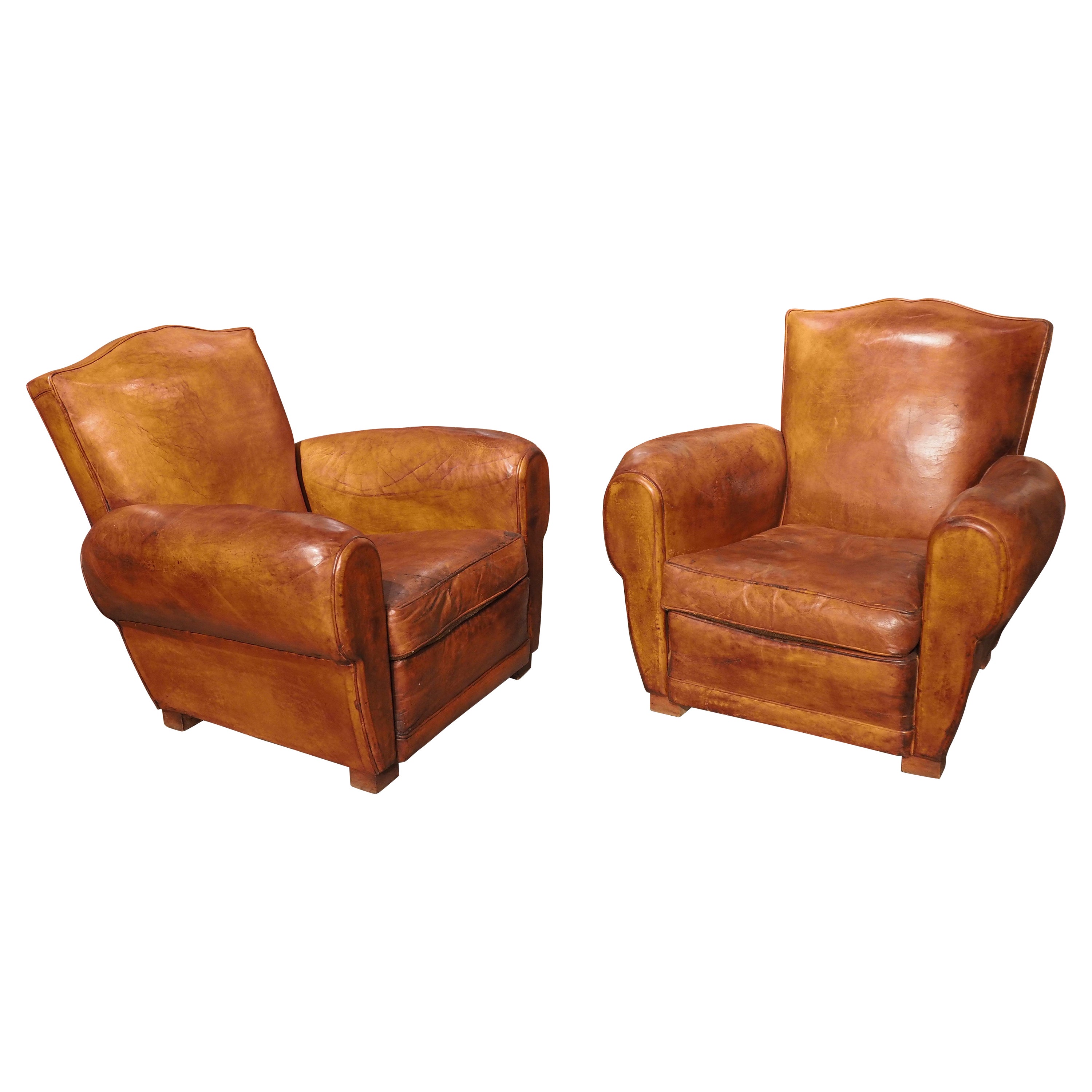 Pair of 1940s French Leather Moustache Back Club Chairs