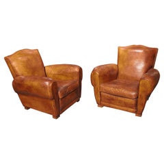 Vintage Pair of 1940s French Leather Moustache Back Club Chairs