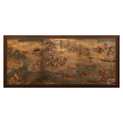 Antique Japanese Six Panel Screen Battle of Yashima from the Heike Monogatari