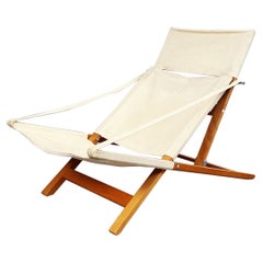 Retro Denmark Mid-Century Folding Deck Chair in Wood and Cream Fabric by Cado, 1960s