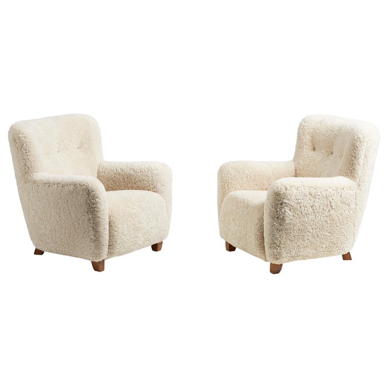 Pair of Jens Houmoller Klemmensen 1930s Sheepskin Lounge Chairs For Sale