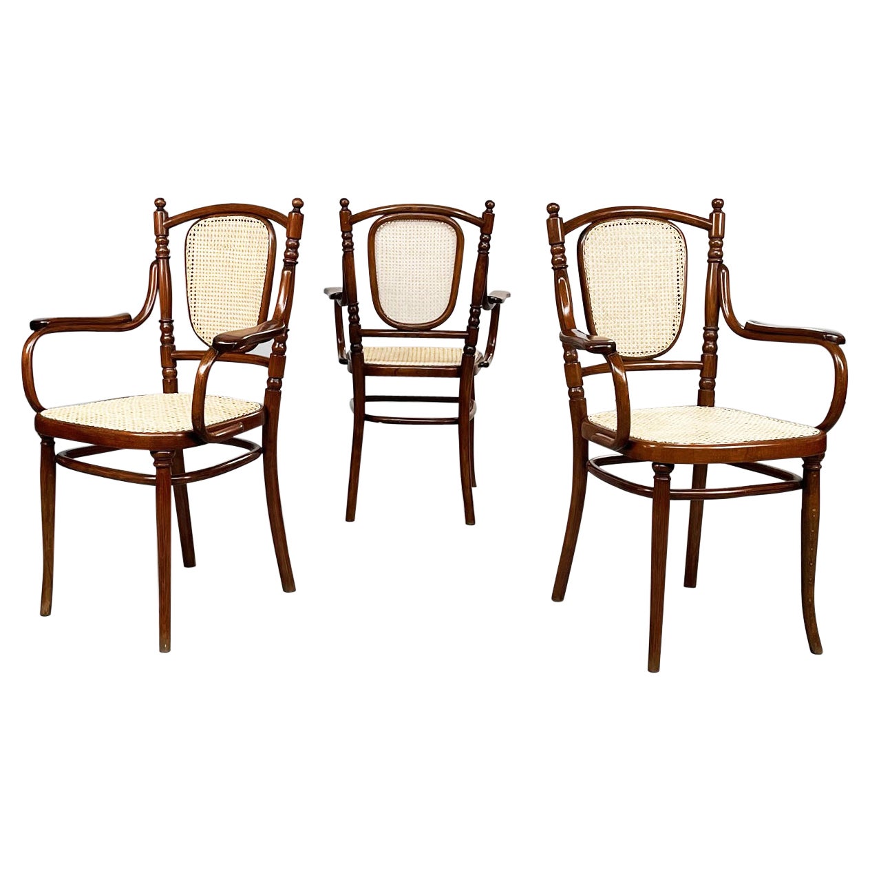 Österreichische Mid-Century-Stühle aus der Jahrhundertmitte mit Stroh und Holz, 1950er Jahre