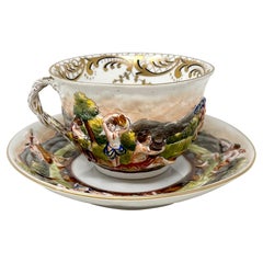 Antique Italian Capo di Monte Porcelain Cup and Saucer, Circa 1870s-1880s