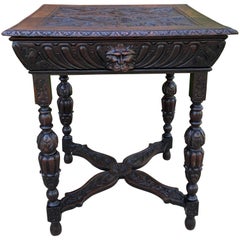 Antique French Side Hall End Library Table Nightstand Square Carved Oak Drawer