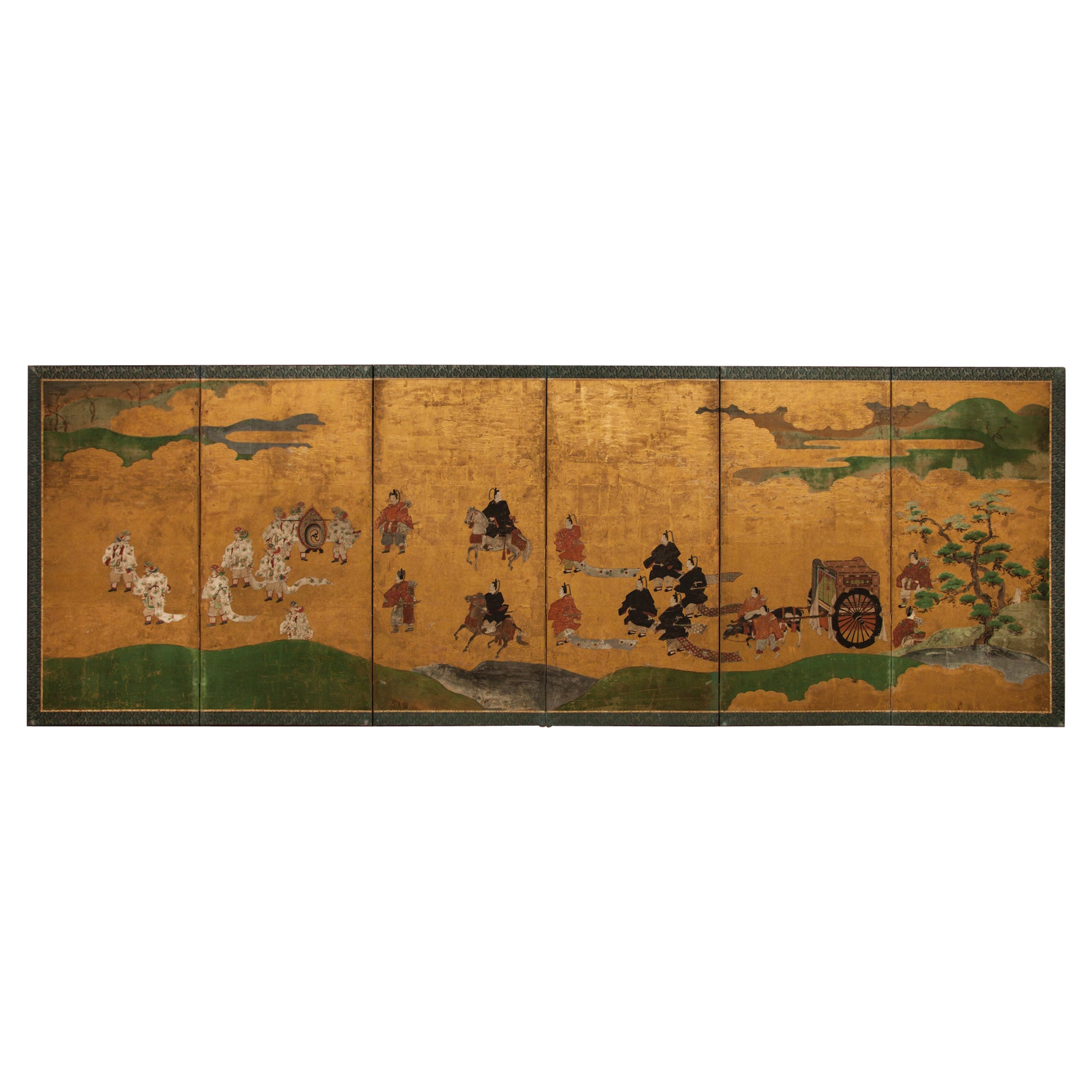 Japanese Six Panel Screen: Courtiers Festival For Sale
