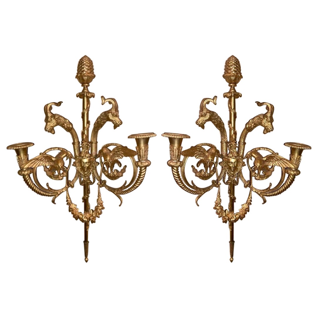 Pair Antique French Louis XVI Bronze D' Ore Two-Light Wall Sconces, Circa 1880 For Sale
