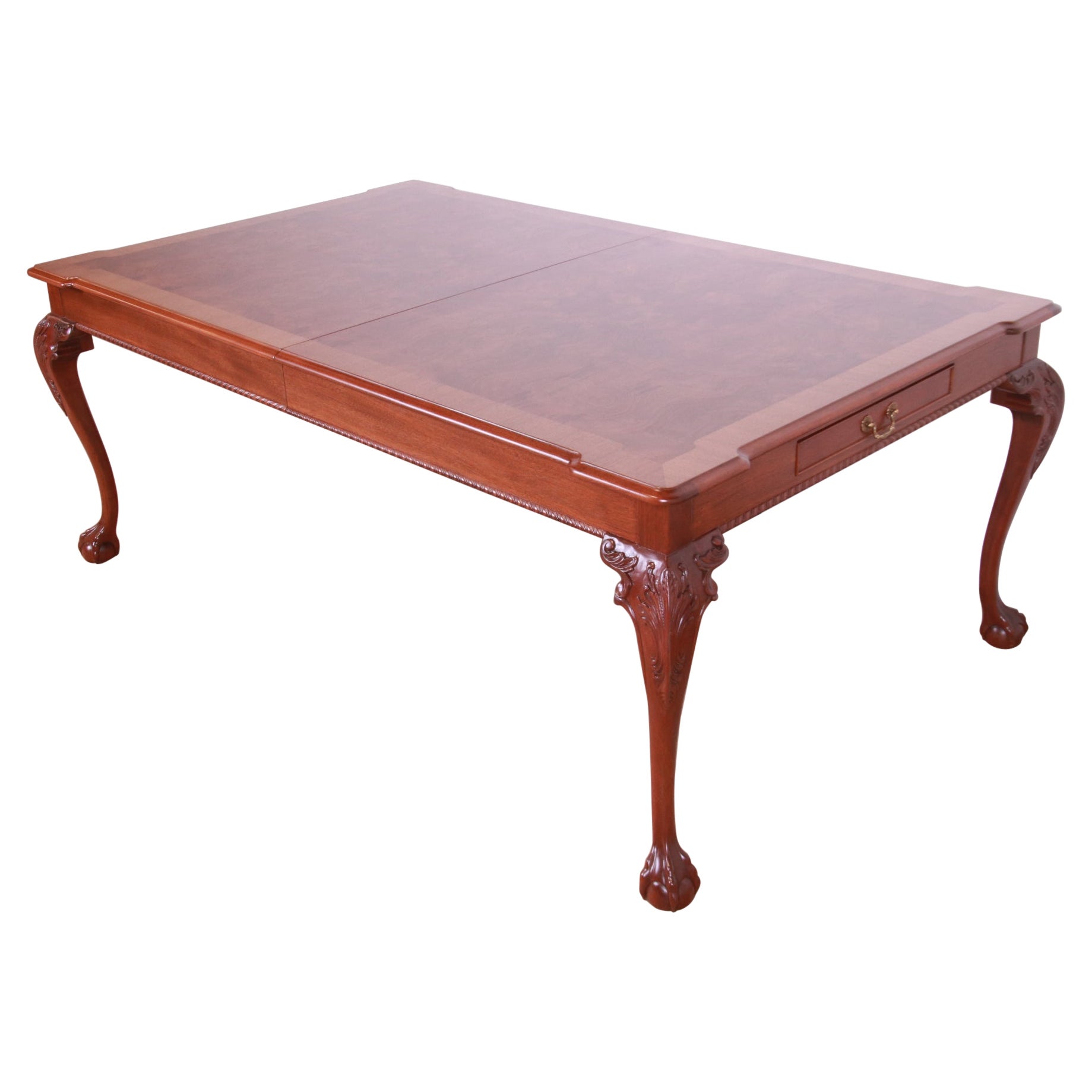 Henredon Chippendale Mahogany and Burl Wood Extension Dining Table, Refinished