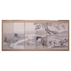 Antique Japanese Six Panel Screen Bulls in a Gentle Landscape