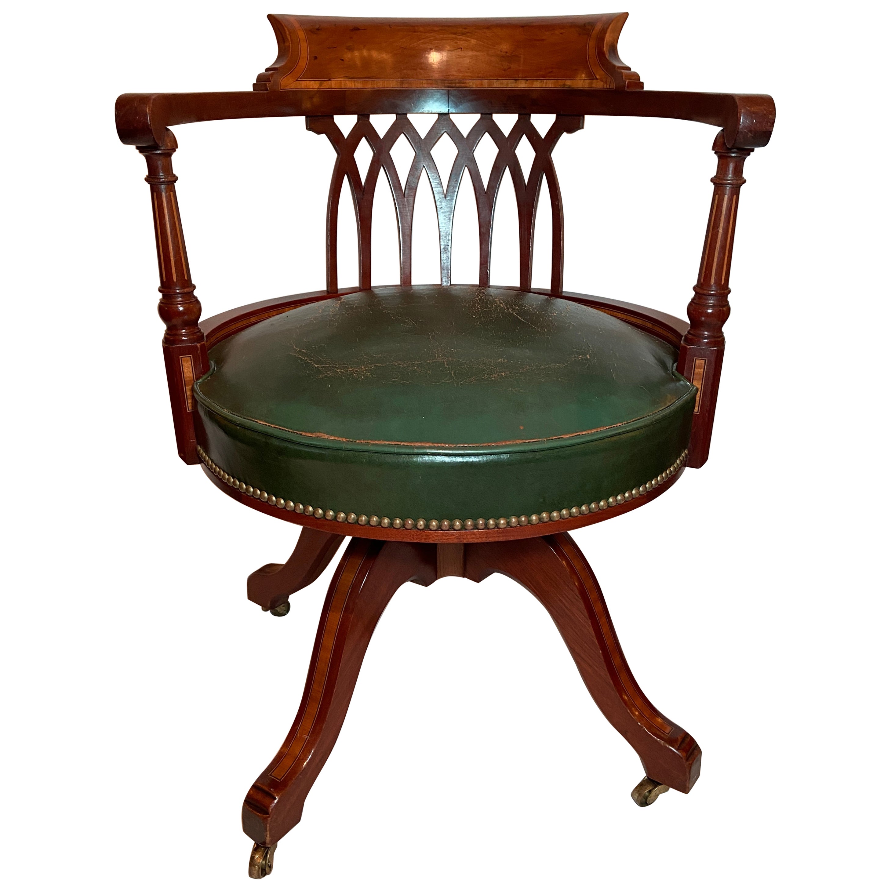 Antique English Mahogany Swivel Desk Chair on Casters, Circa 1890-1910