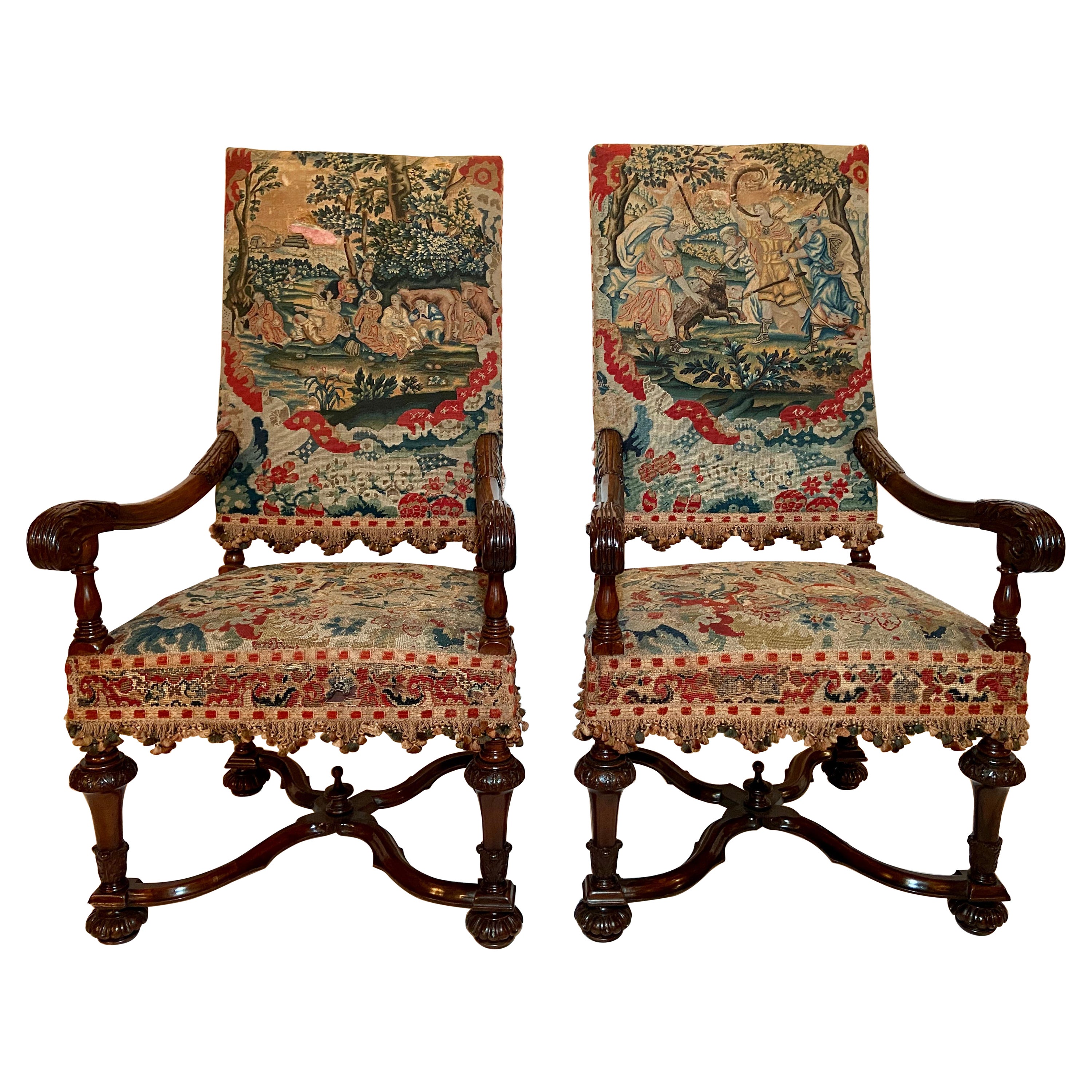 Pair Antique French Tapestry Armchairs, Circa 1890's For Sale