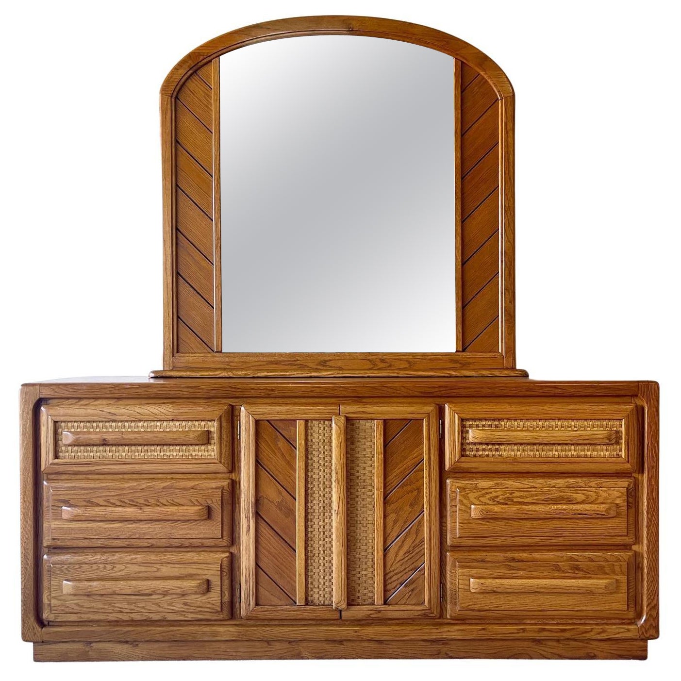 Raliegh Road Oak and Wicker Paneled Dresser with Mirror, 9 Drawers