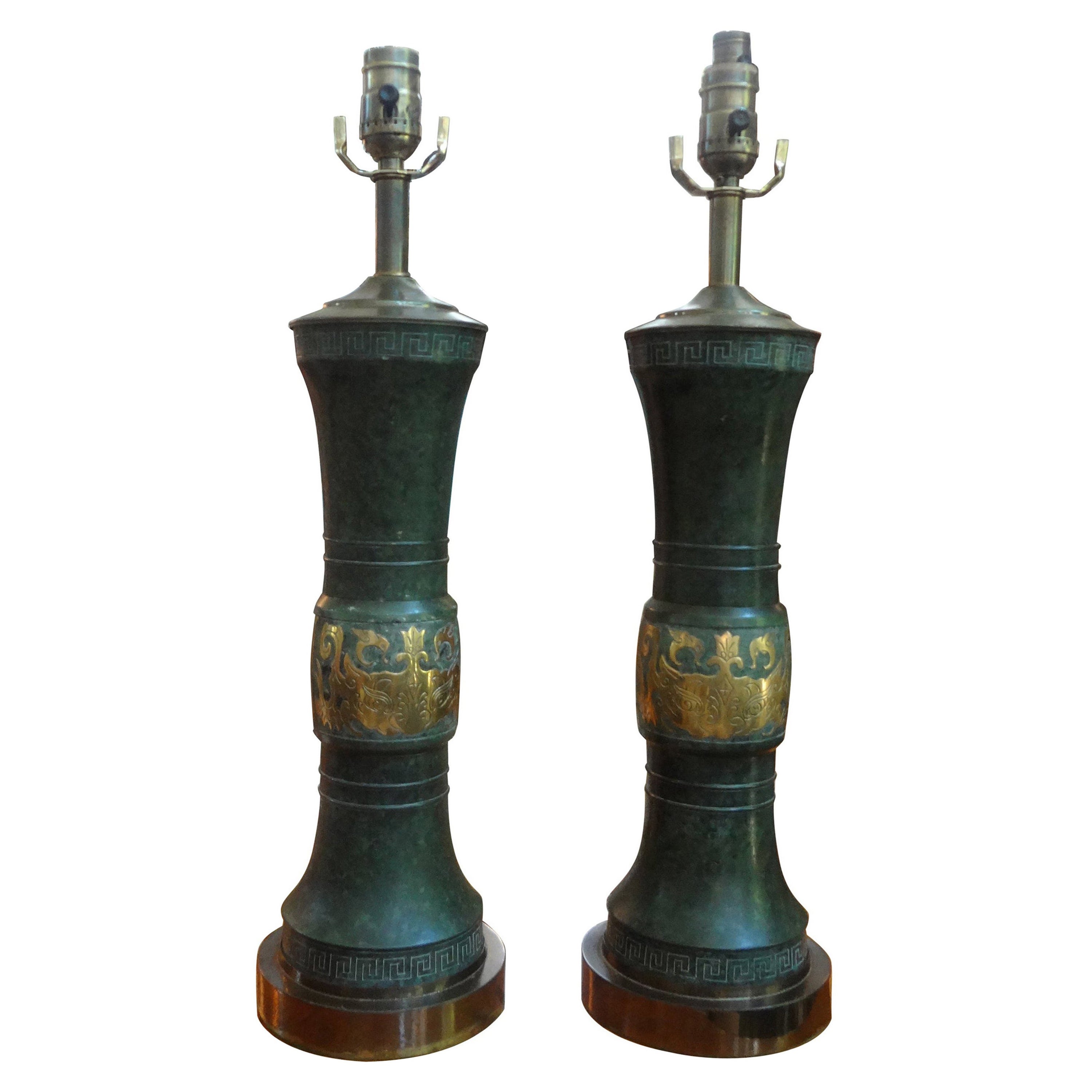 Pair of James Mont Style Lamps with Greek Key Design