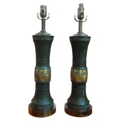 Retro Pair of James Mont Style Lamps with Greek Key Design