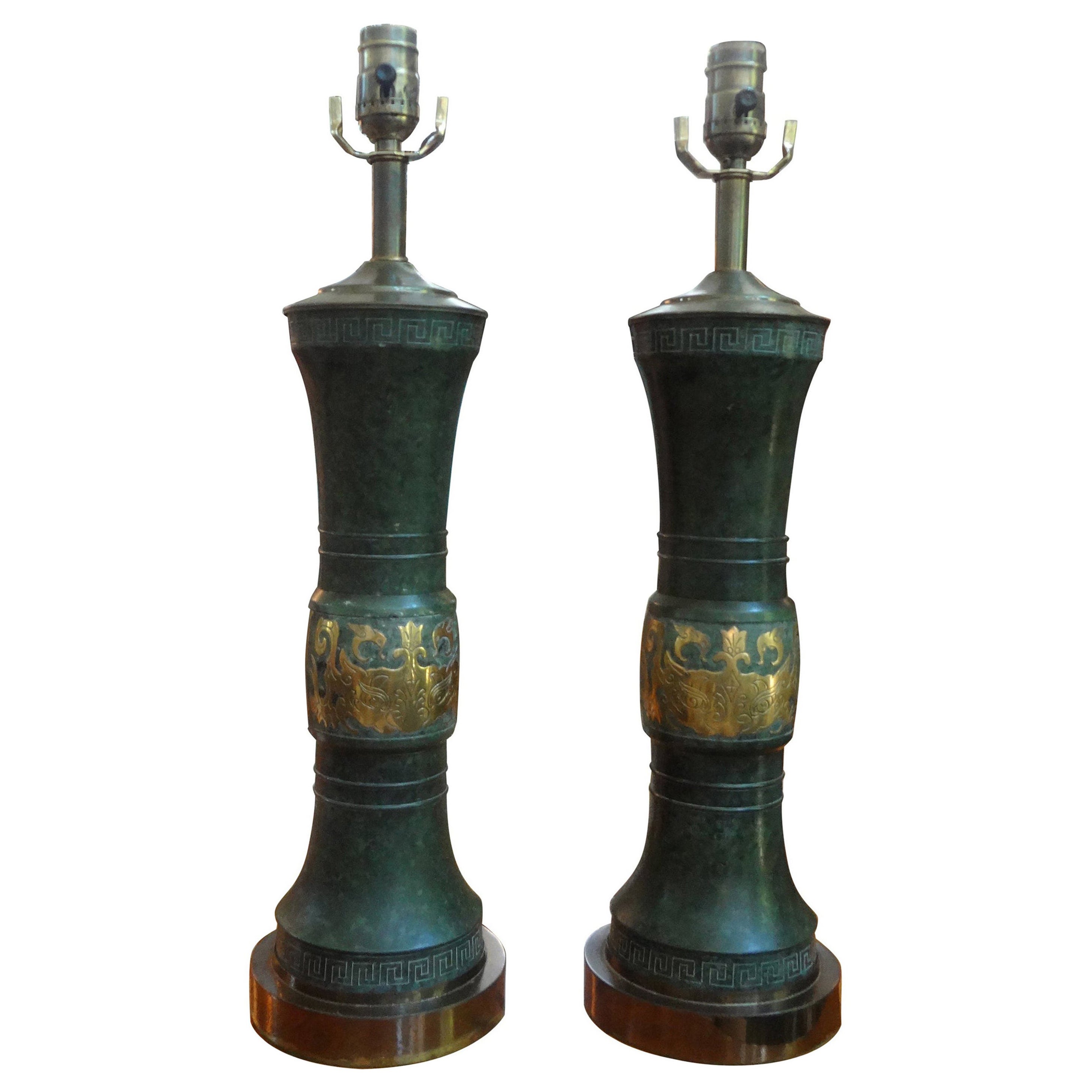 Pair of James Mont Style Lamps with Greek Key Design For Sale