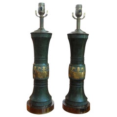 Vintage Pair of James Mont Style Lamps with Greek Key Design