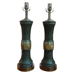 Vintage Pair of James Mont Style Lamps with Greek Key Design
