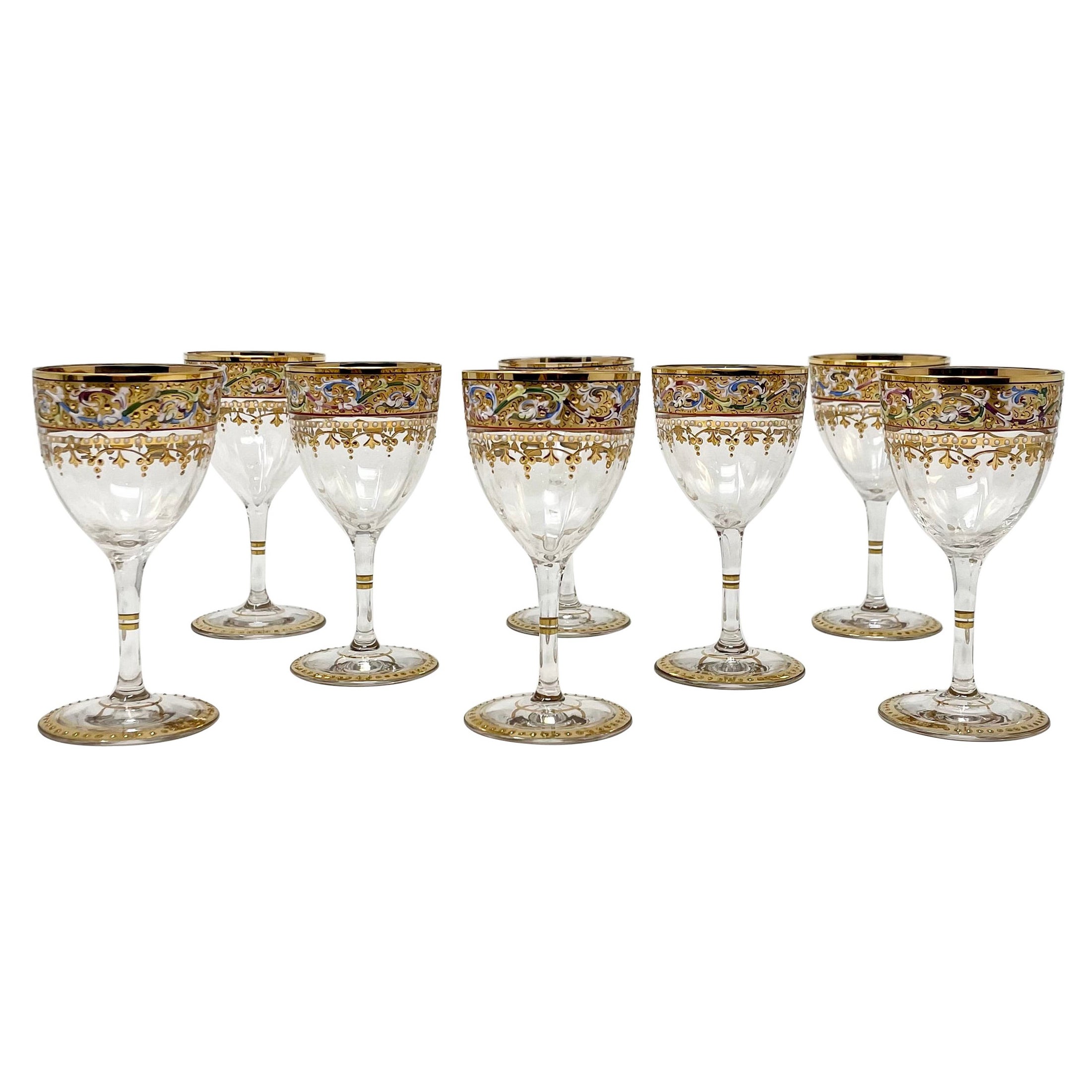 Set of 8 Antique Austrian Moser Glass Hand-Painted Gold-Leaf Cordials, Ca. 1890