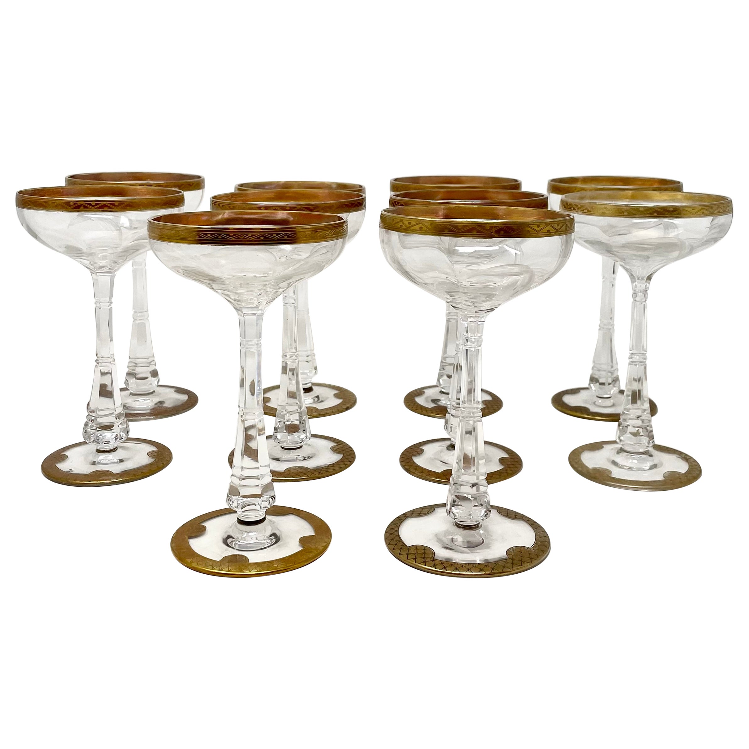 Set of 10 Antique French Art Nouveau Cut Crystal Champagne Coupes, circa 1890's
