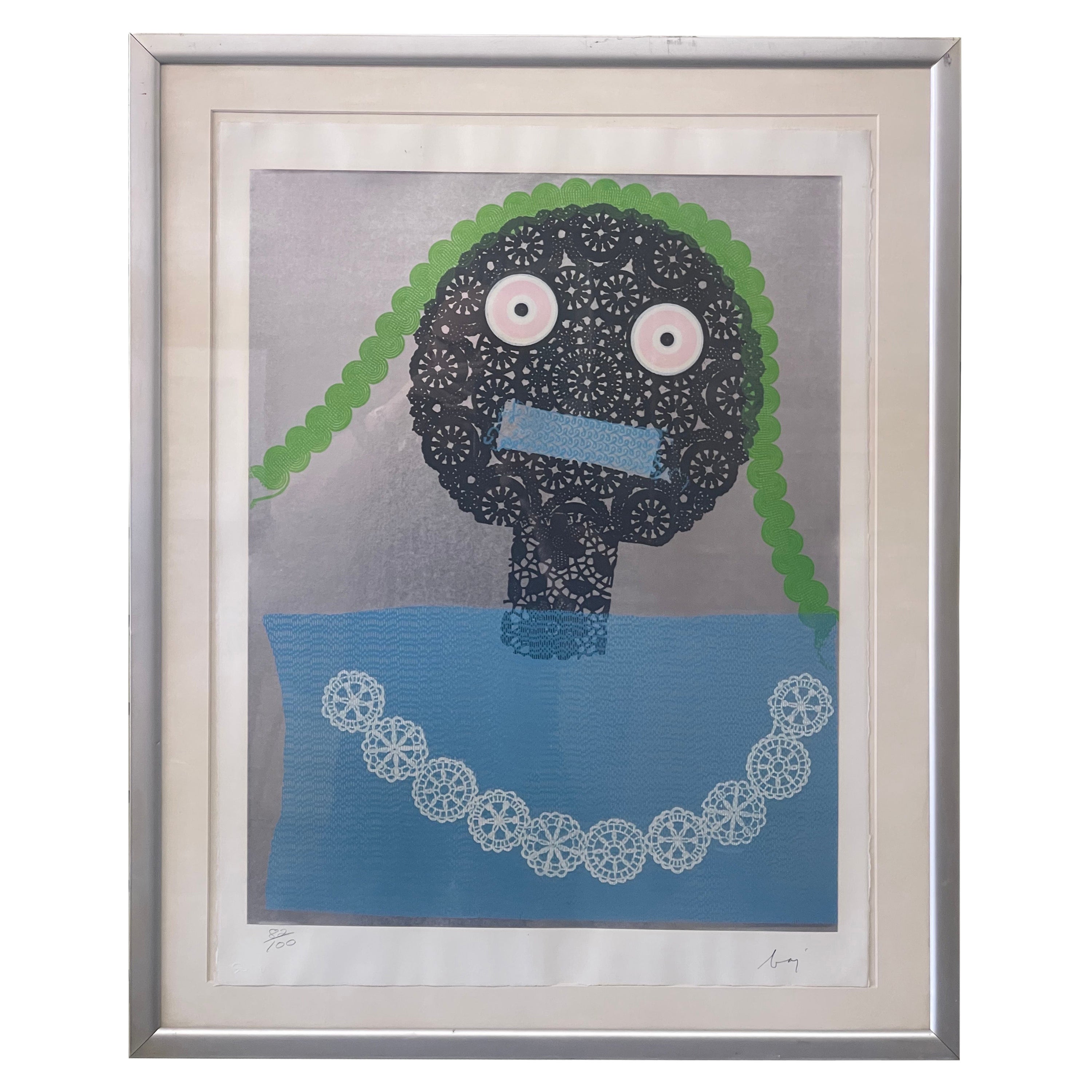 Limited Edition Mixed Media Lithograph "Doily Girl" by Enrico Baj For Sale