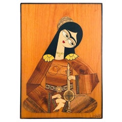 Vintage Persian Girl with Instrument Wood Art Painting
