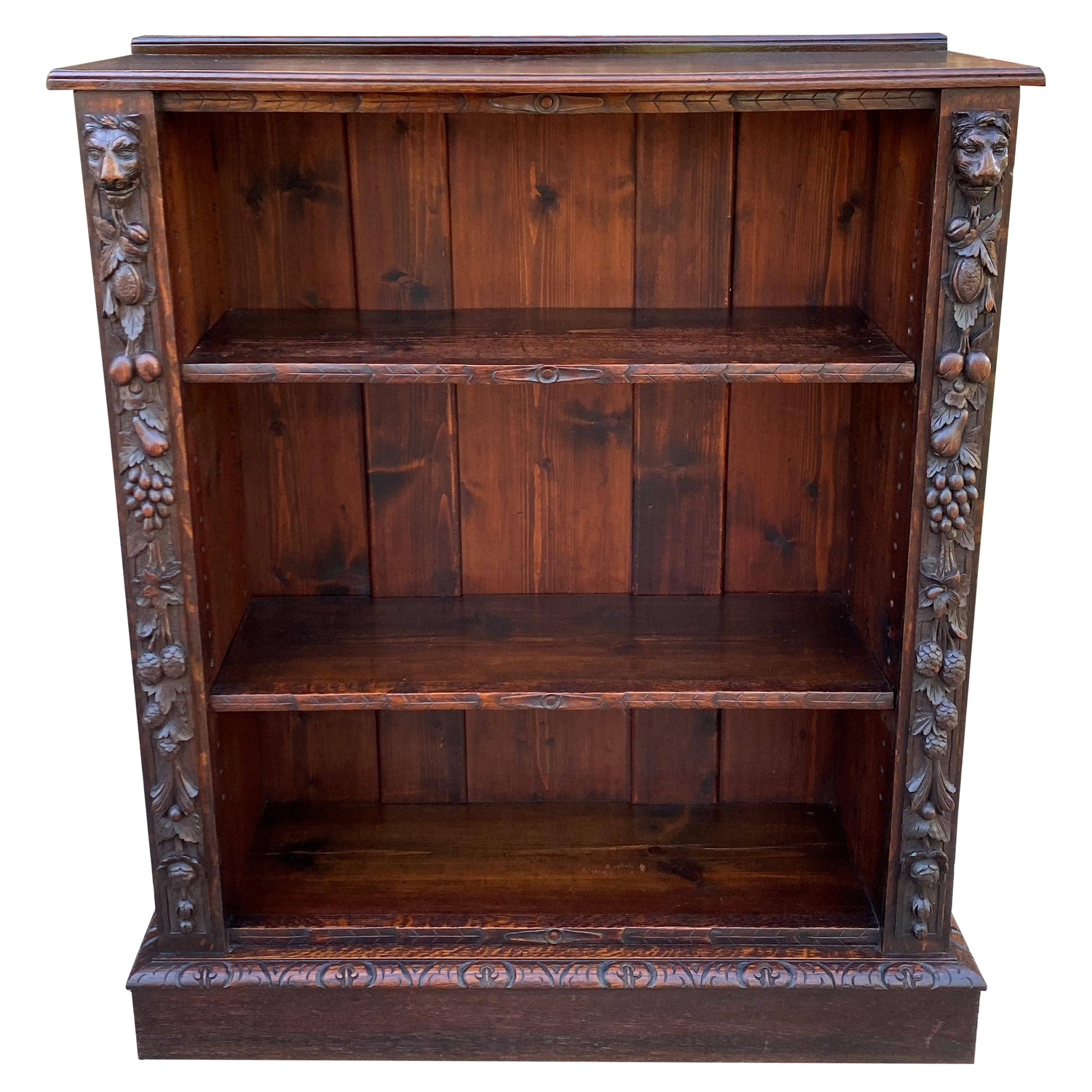 Small Antique English Bookcase Display Shelf Cabinet Carved Oak c. 1920s