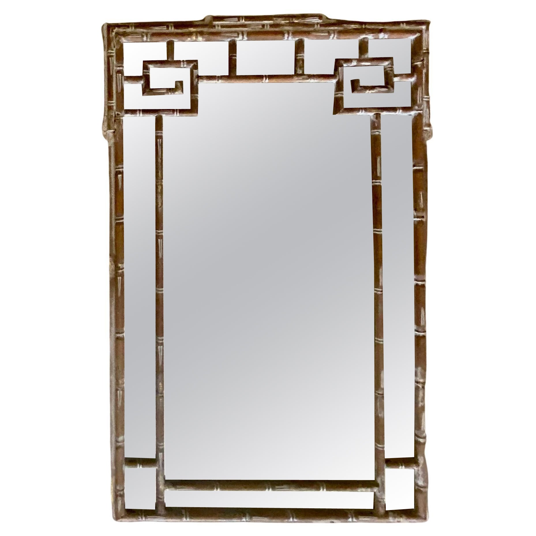 Italian Carved Wood Greek Key Faux Bamboo Wall Mirror For Sale