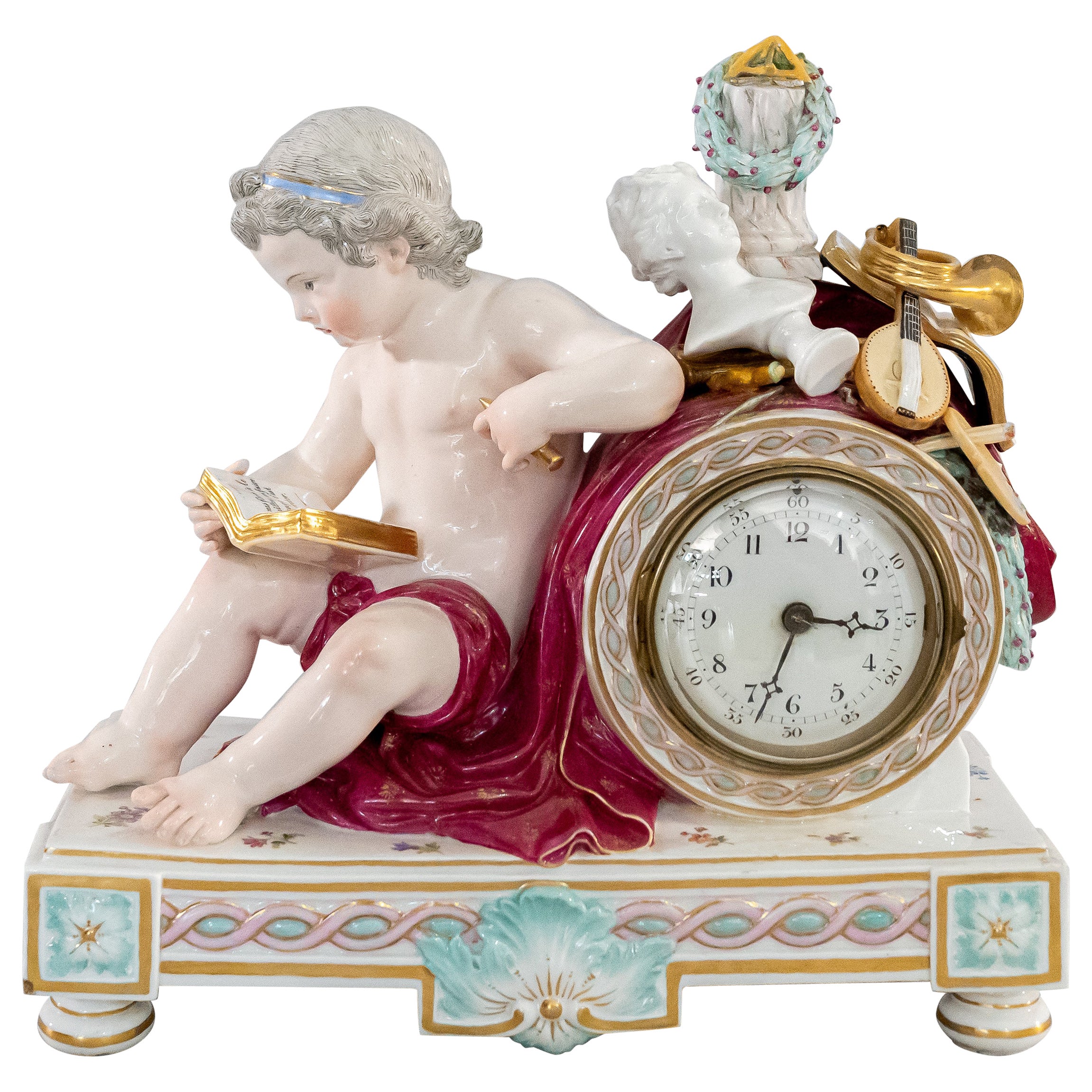 Meissen Porcelain Clock Putti Reading a Book For Sale