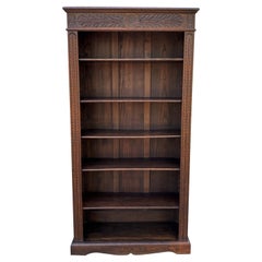 Antique English Bookcase Display Shelf Cabinet Carved Oak Tall Slim Depth c 1920