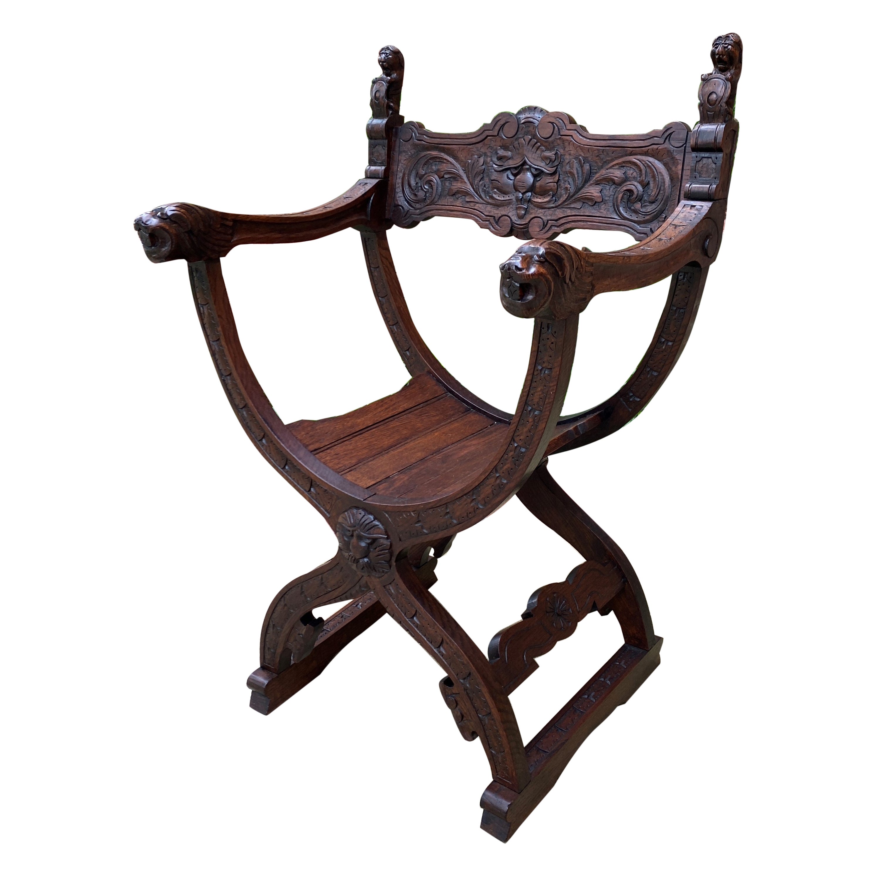 Antique Italian Savonarola Dante Chair Carved Oak Renaissance Lion Shield  For Sale