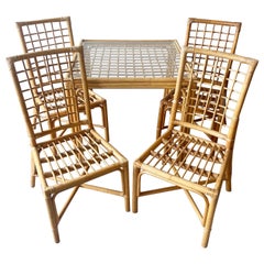 Bamboo Rattan Glass Top Gridded Kitchen Table Set With 4 Chairs - 5 Pieces